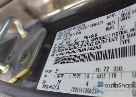 2016 Ford Escape Se z USA, uszkodzony, nr VIN 1FMCU0G96GUB74255